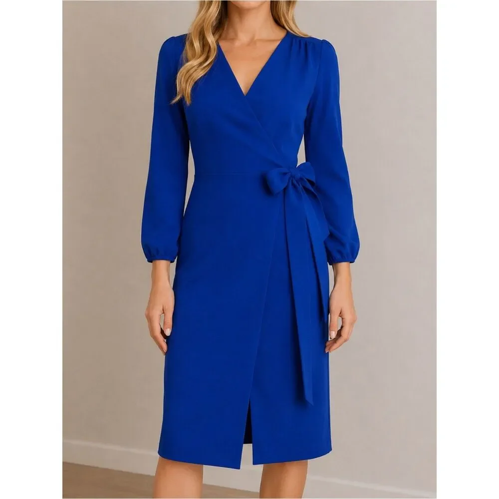 J. Crew Balloon Sleeve True Wrap Dress in 365 Crepe Cobalt Blue Career Size 4